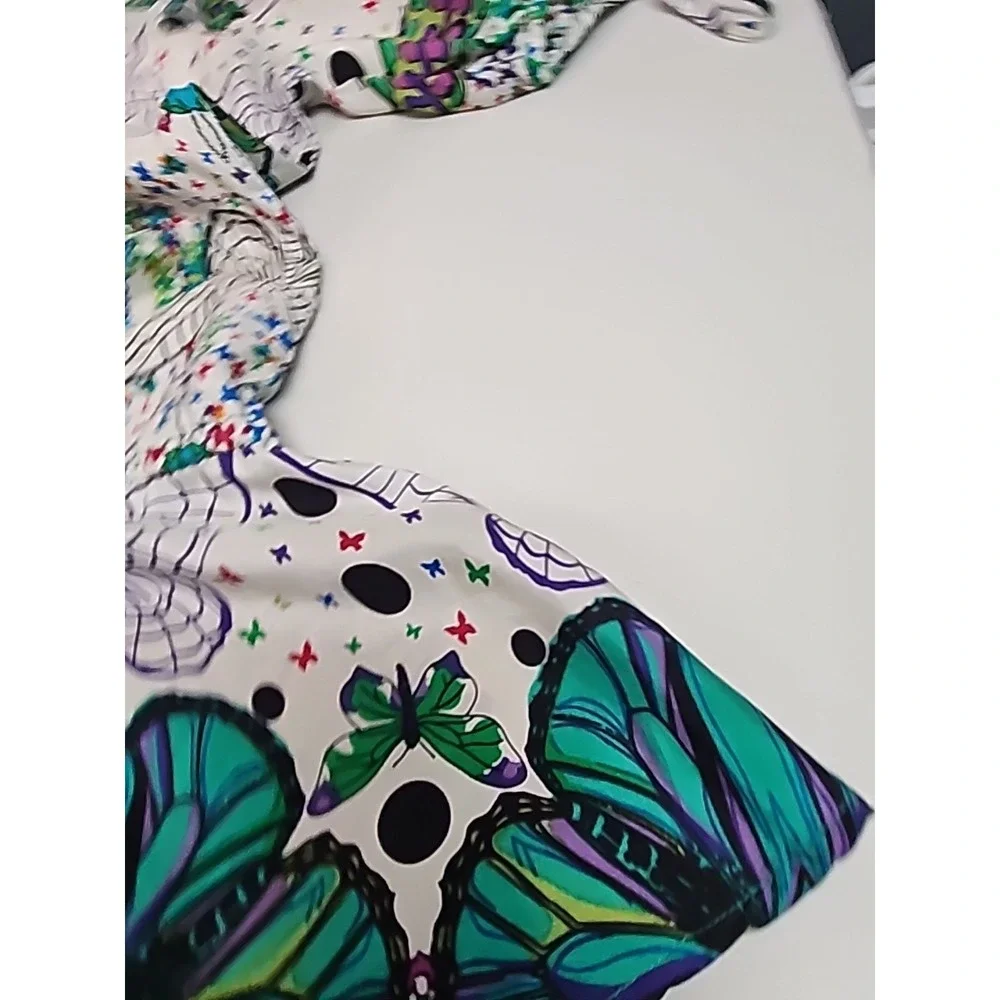 Trinity Anthropologie 100% Silk Blue & Green Butterflys Short Sleeve Top Fairy